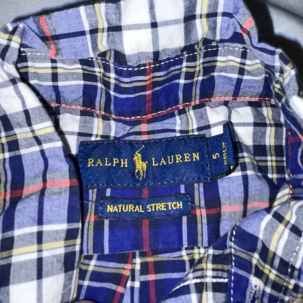 Ralph Lauren Boys Blue White Plaid Natural Stretch Button Down‎ Shirt Size 5